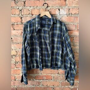 Cropped Topman Navy and Mustard Plaid Shirt